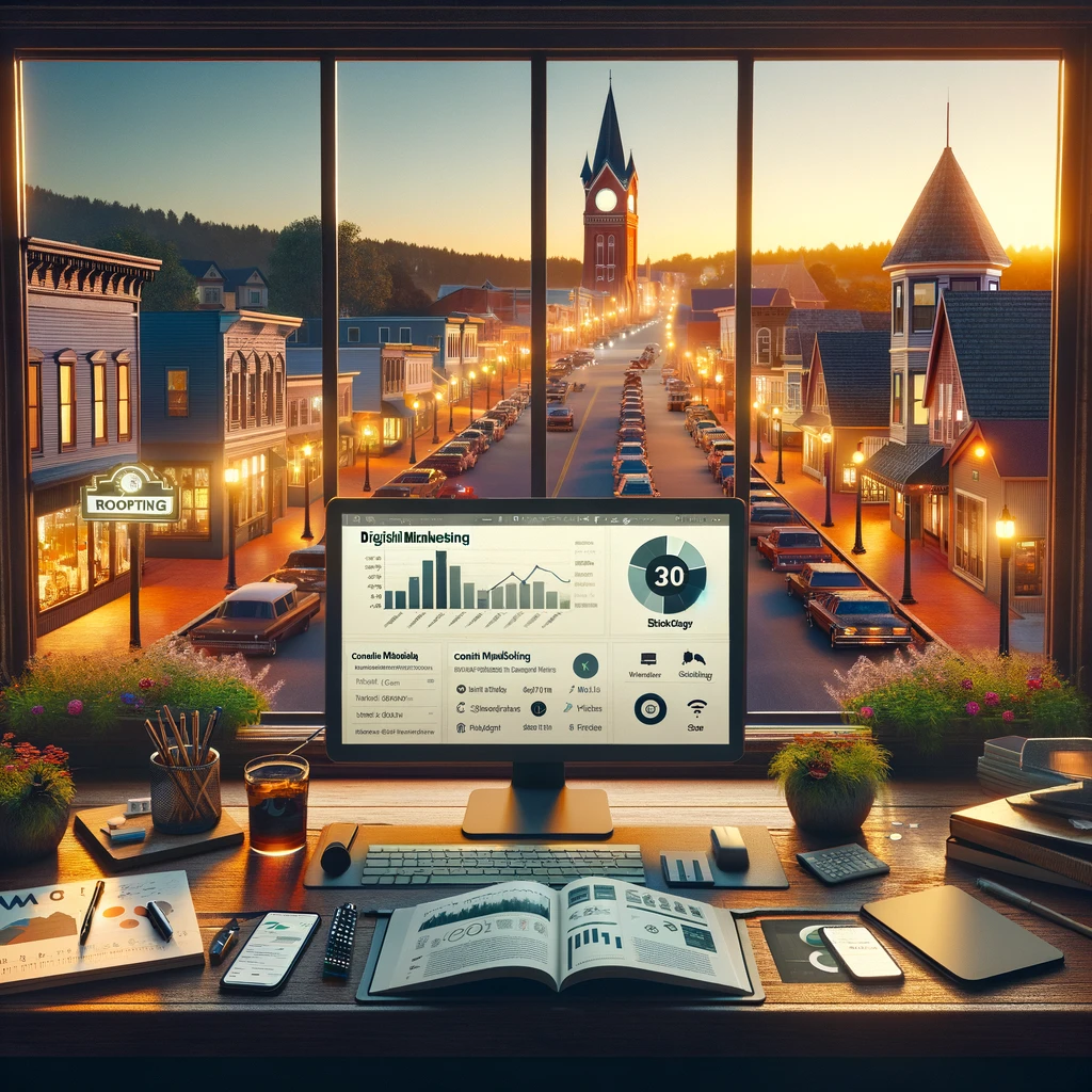 Sunrise view over a quaint small town with a digital marketing dashboard on a desk displaying roofing analytics.