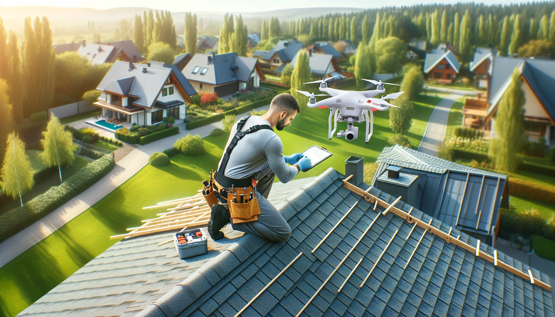 Roofing contractor using drone technology for precision roof repair in suburban setting