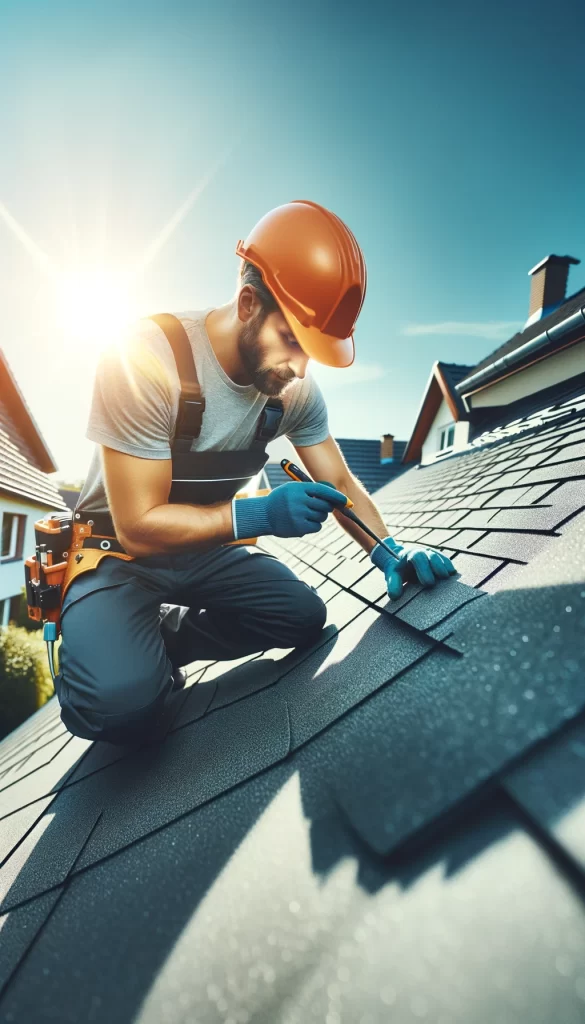 Roofer conducting a detailed roof inspection