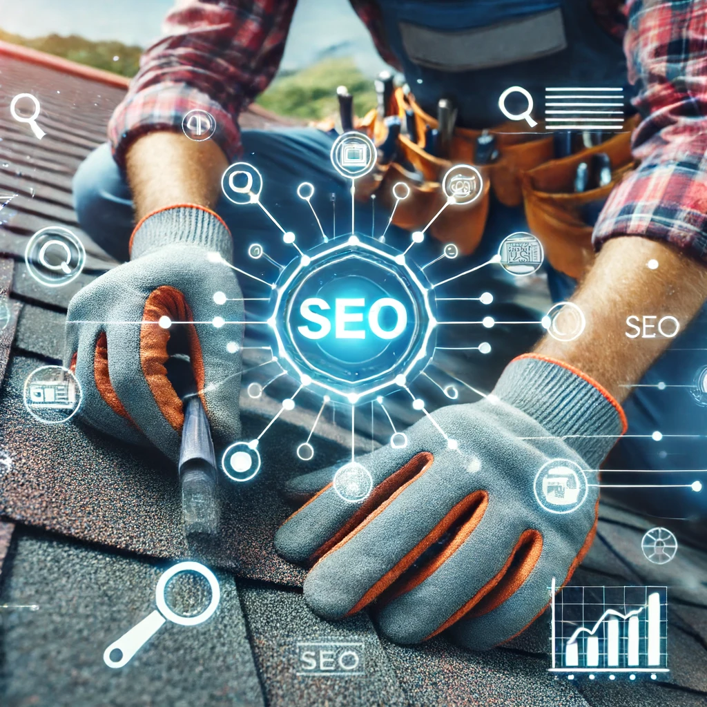 Close-up of a roofing contractor's hands working on a roof with digital SEO icons overlayed.